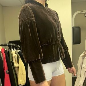 BCBGMaxAzria Dark Brown Velvet Smocked-Sleeve Jacket